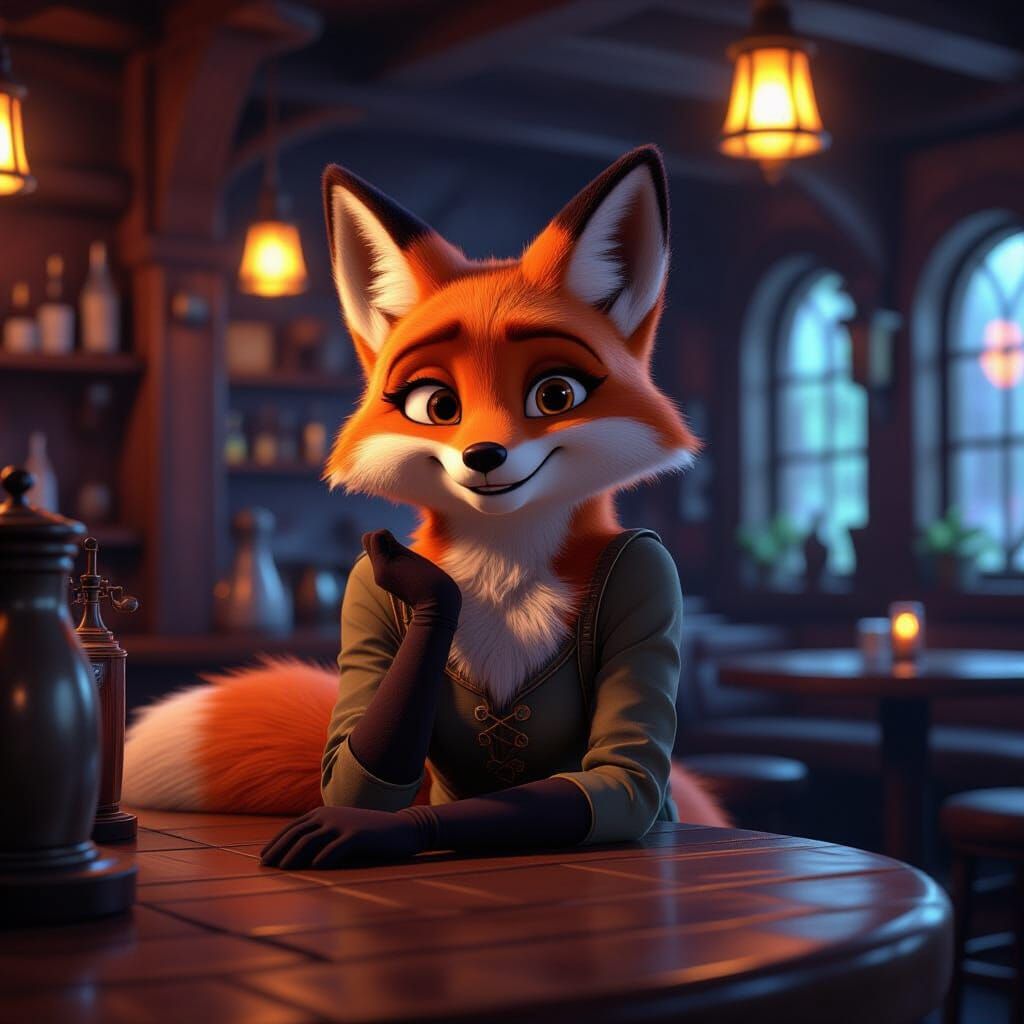 Relaxed Fox Girl in Dim Tavern: 3D Digital Art