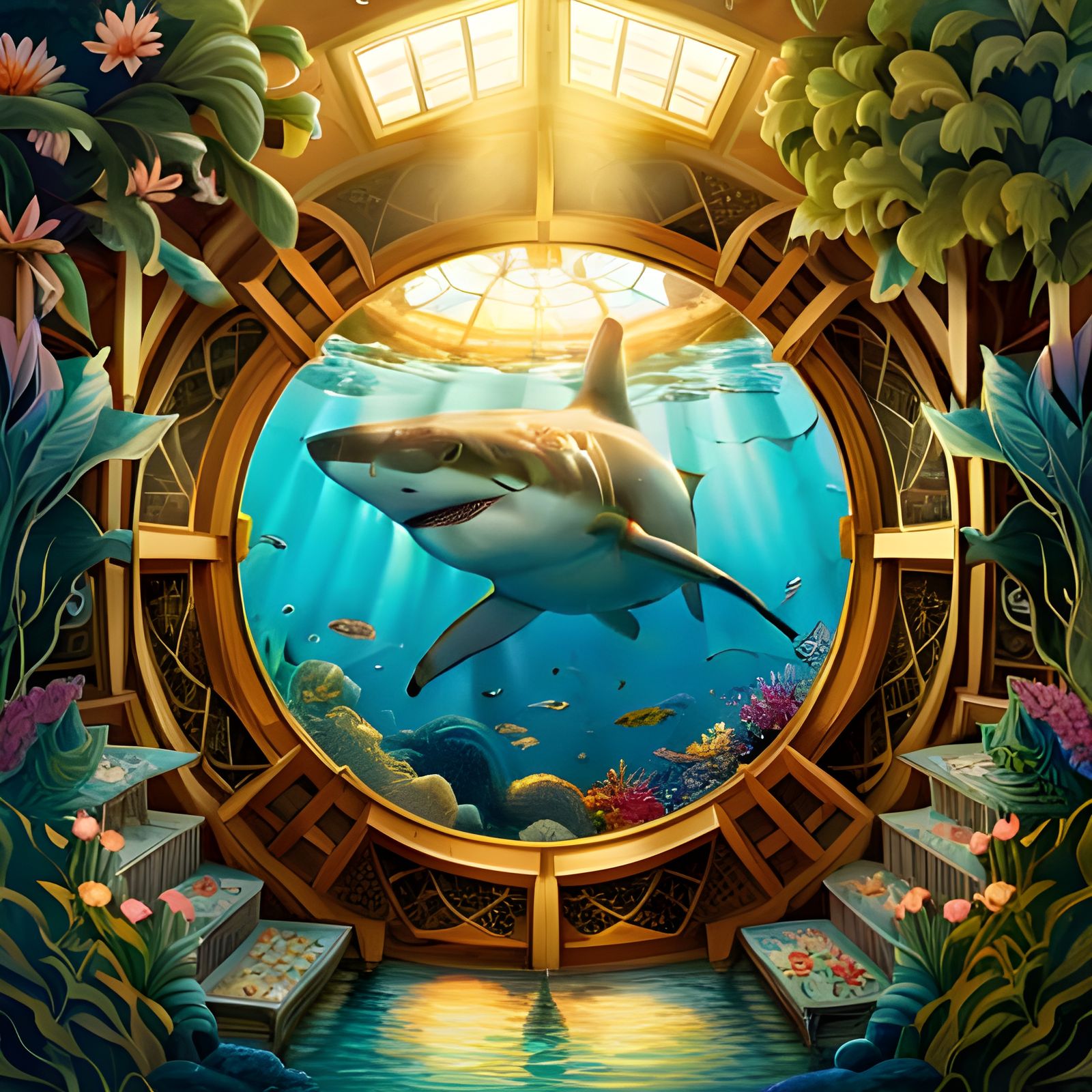 Shark in Swimming Pool: Art Nouveau Style