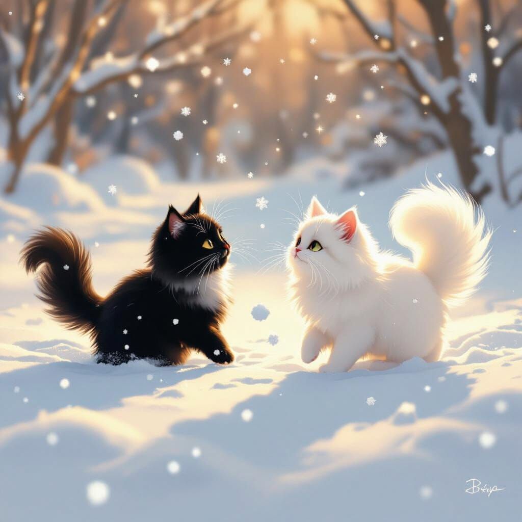 Cats Play in Snow: A Whimsical Digital Painting