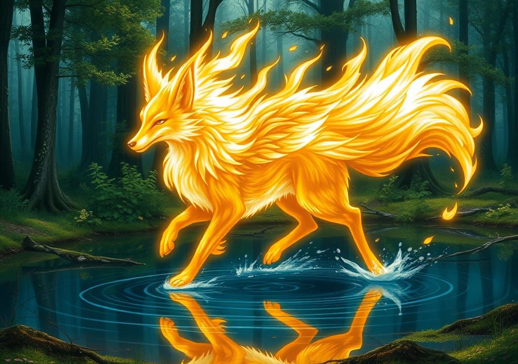 Mythical Golden Fox Prancing in Forest Pond