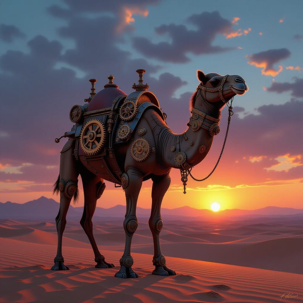 Steampunk Camel in Desert Twilight