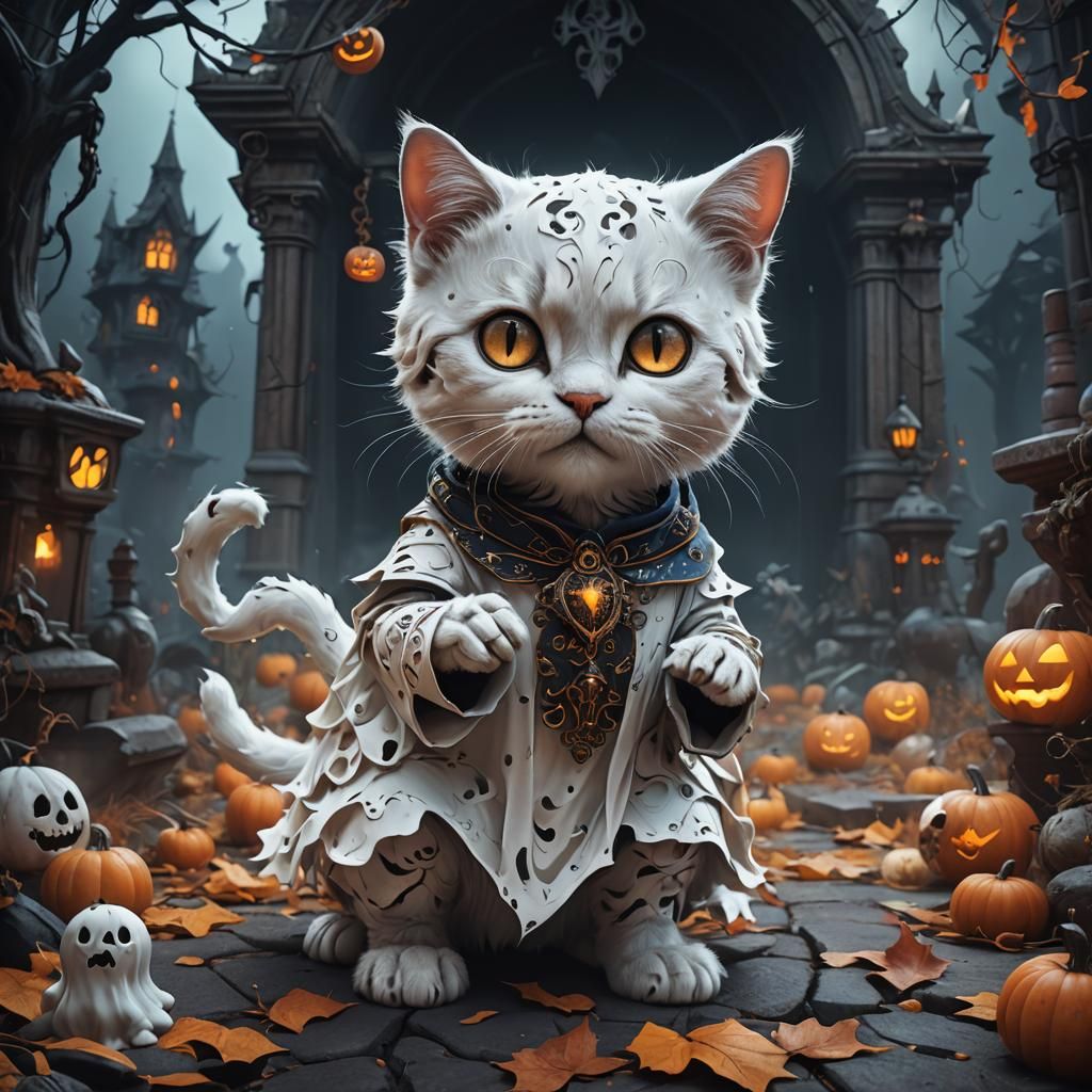 Halloween Ghost Costume Kitty: Detailed Matte Painting