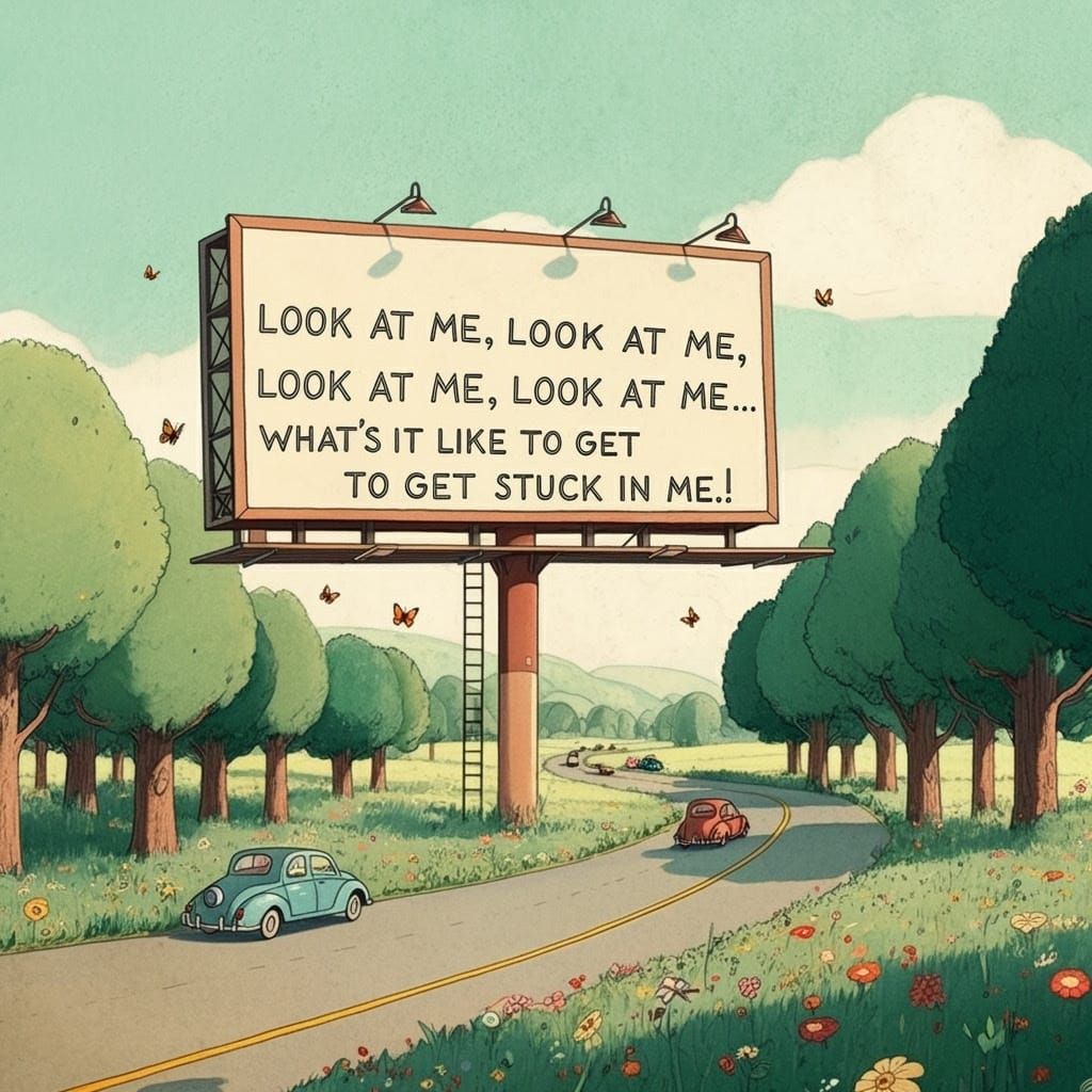 Whimsical Countryside Scene with Vintage Billboard