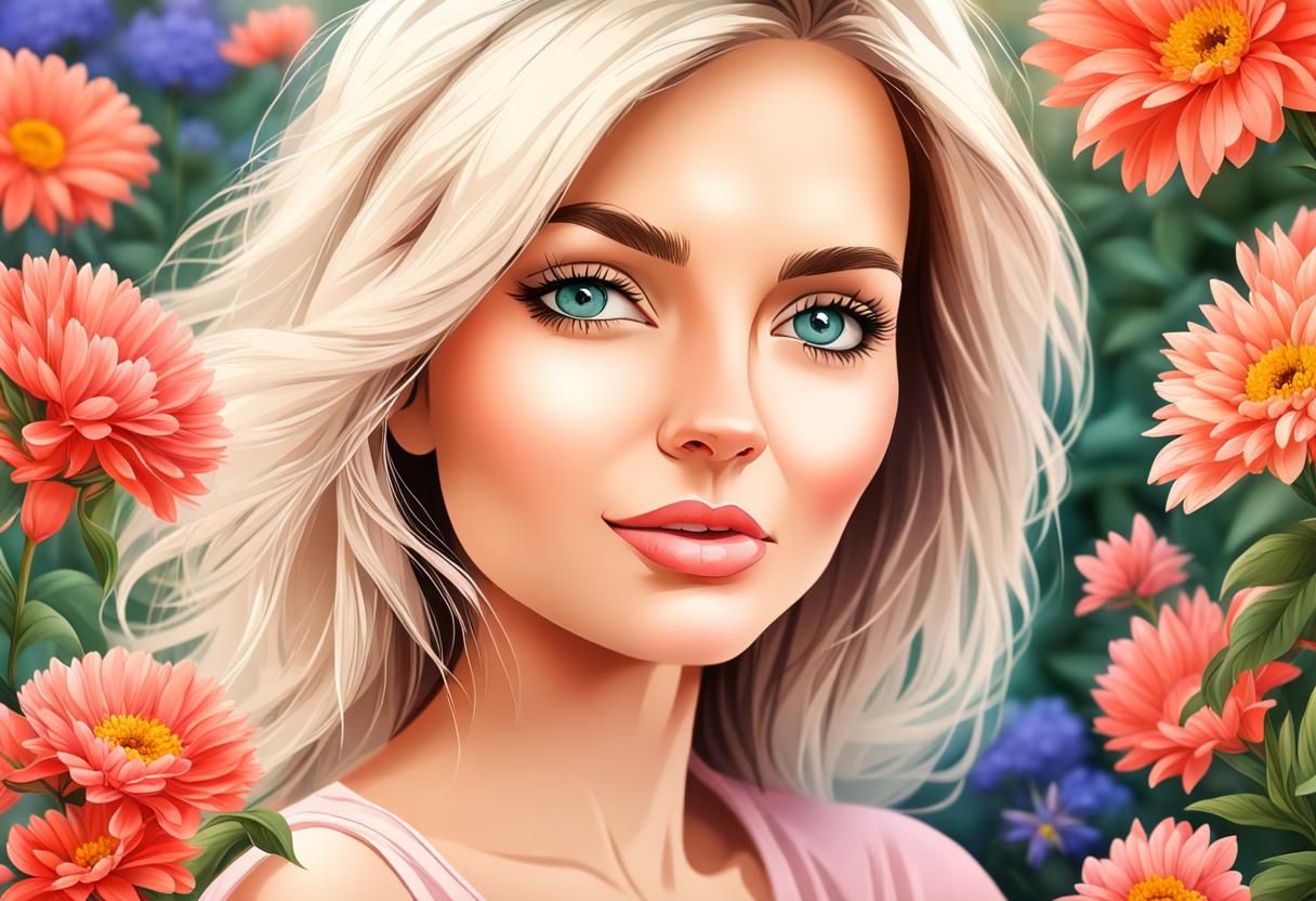 Beautiful 30-Year-Old Woman with Floral Background