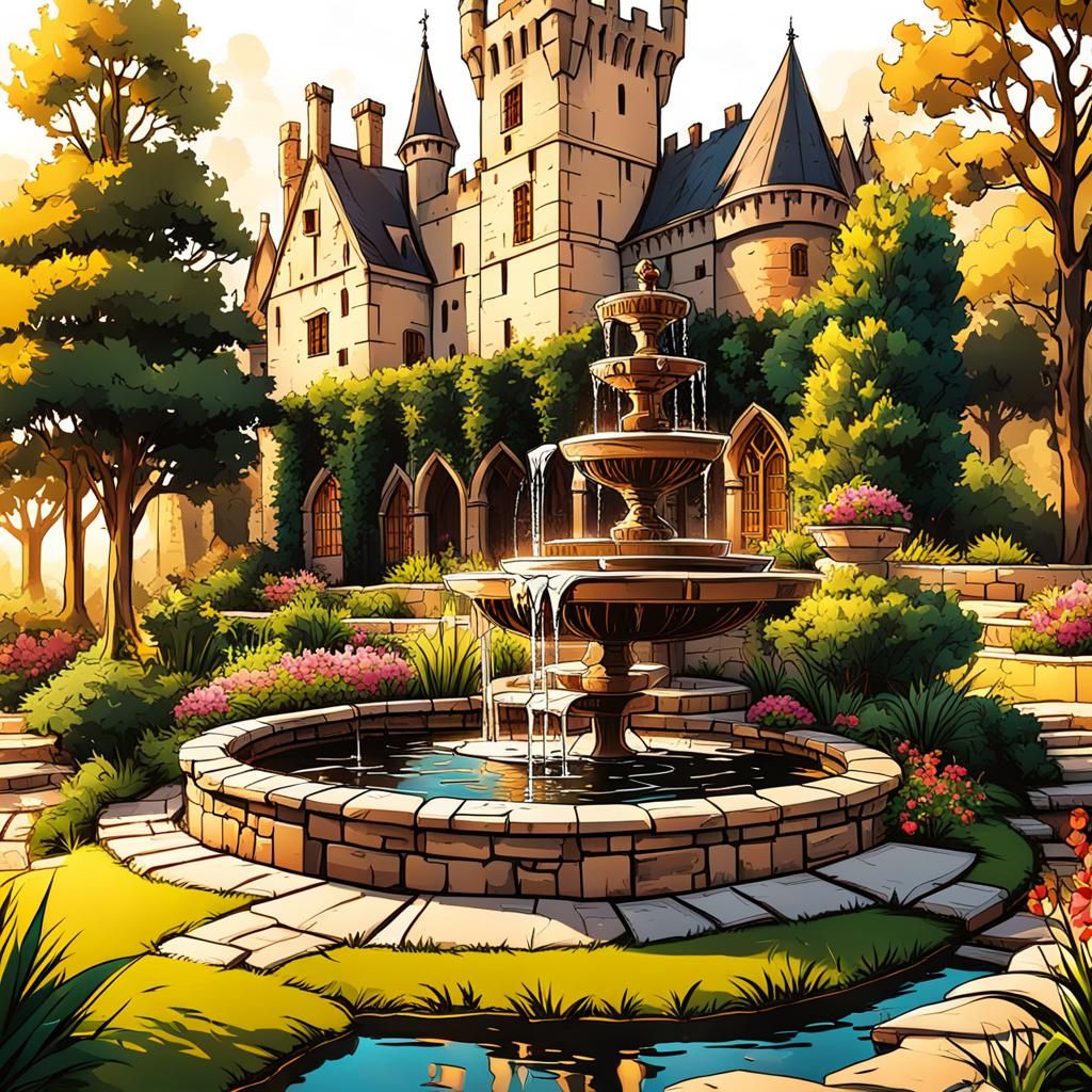 Medieval Castle with Garden in Comic Book Style