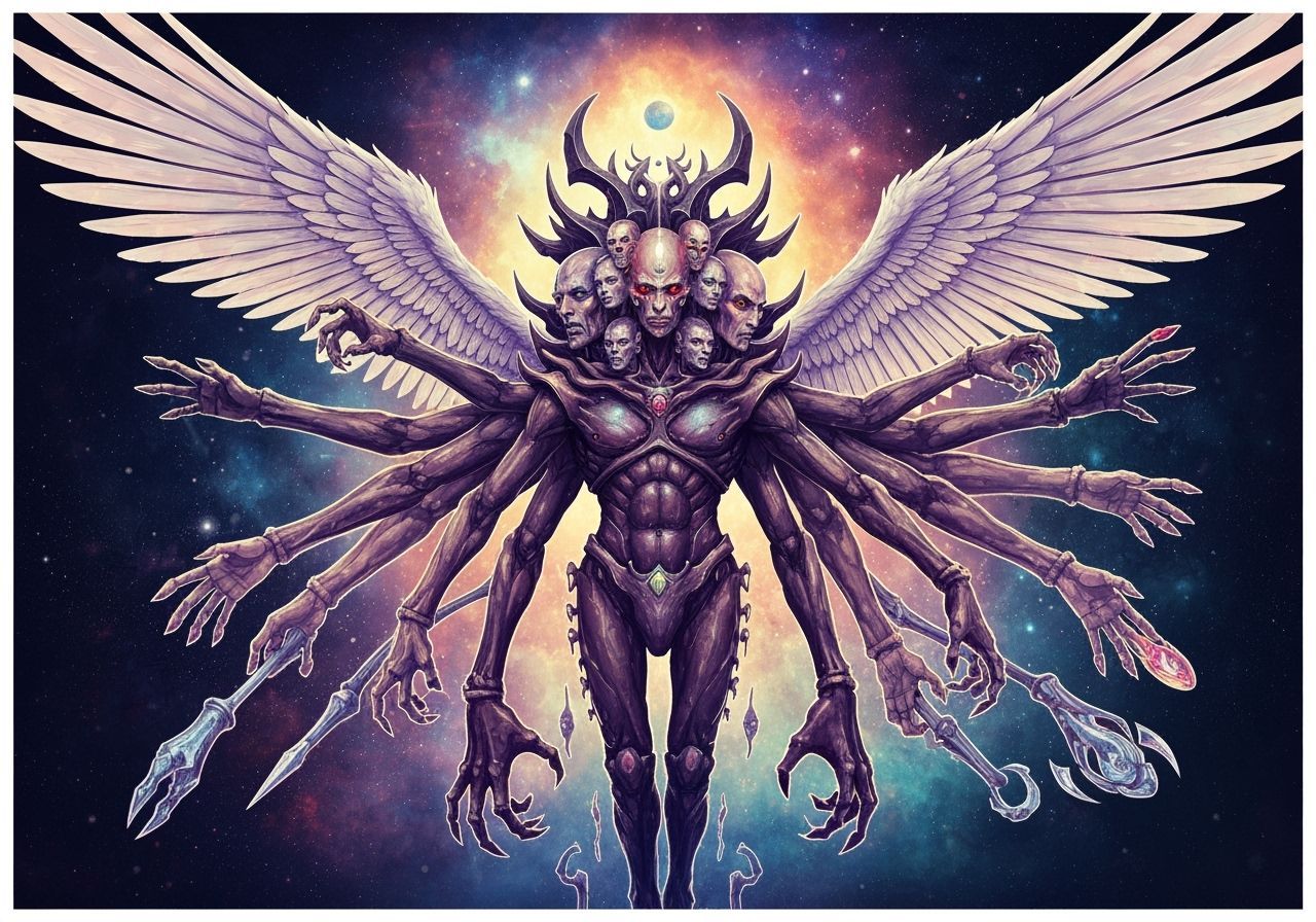 Winged Cosmic Golem in Pablo Amaringo Style