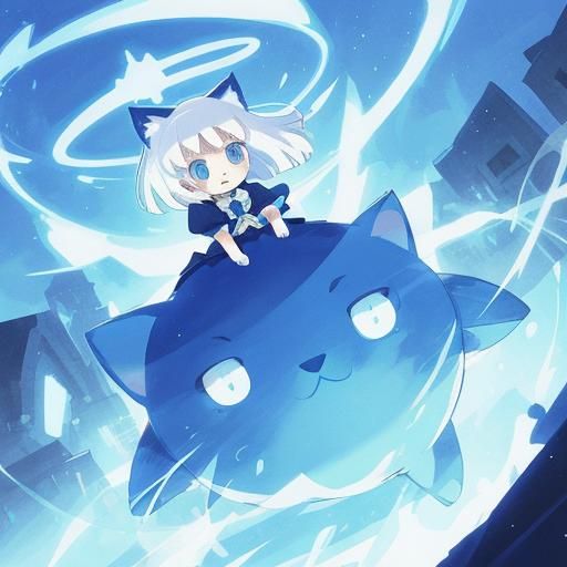 Cute Catgirl with Blue Cat: Anime Style
