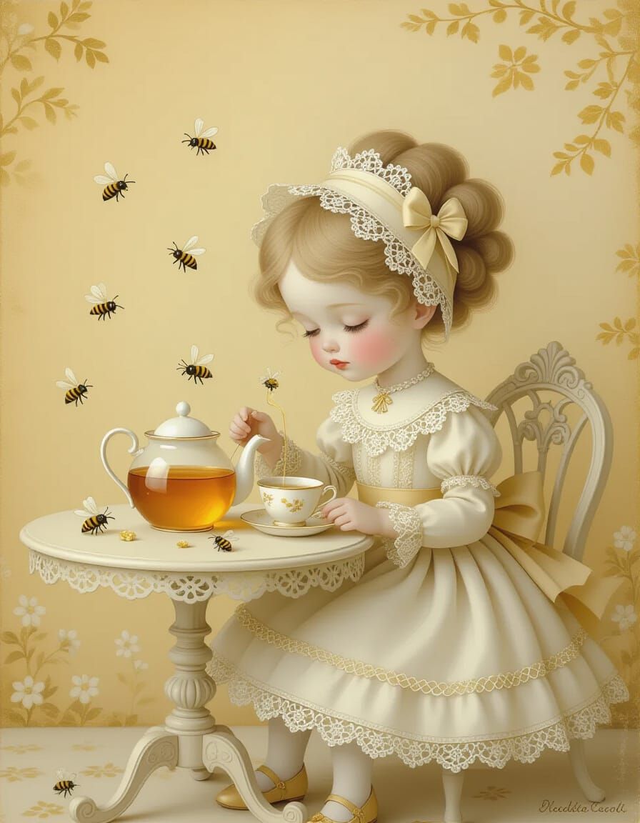 Porcelain Girl's Honey Tea Party: Dreamlike Illustration