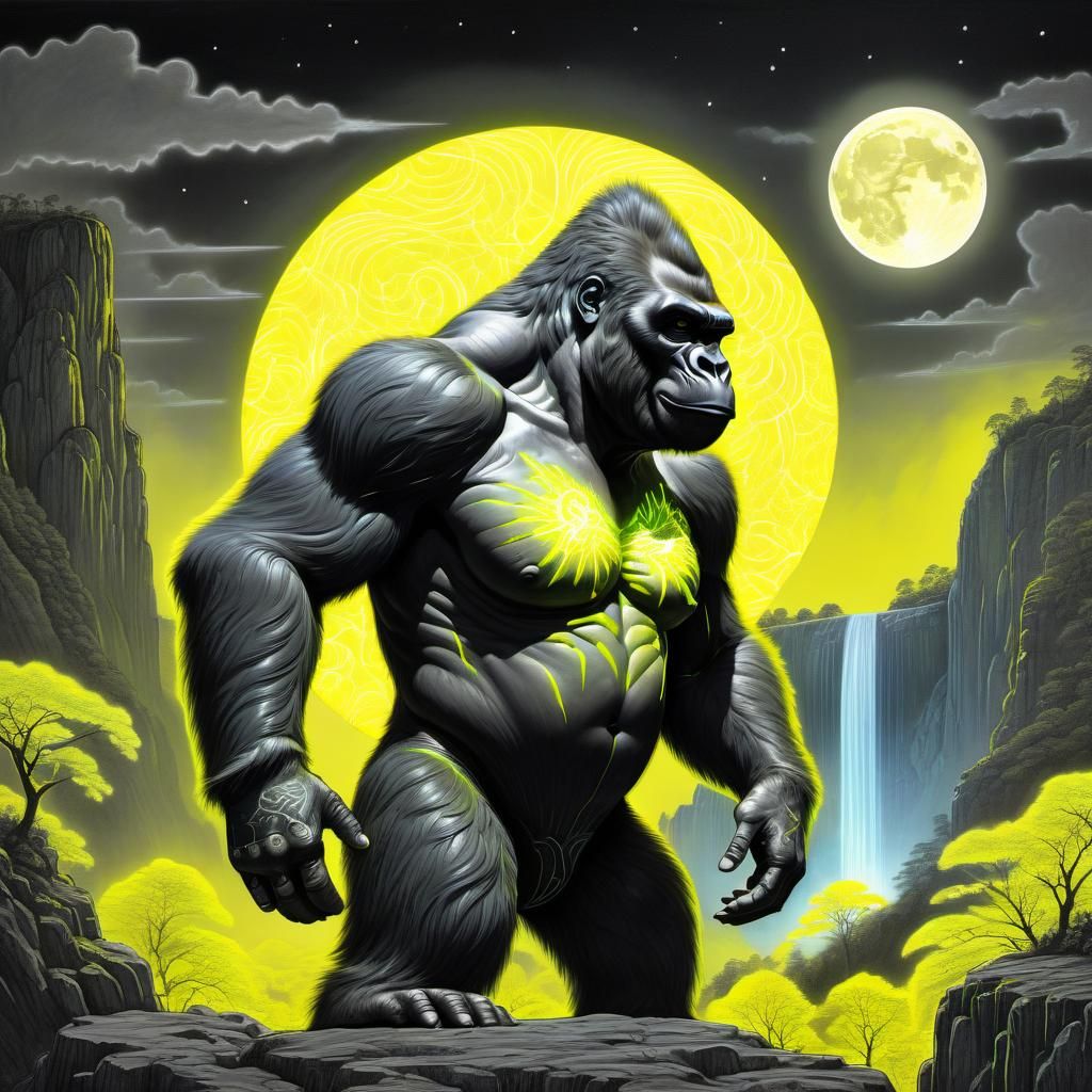 Bioluminescent Gorilla with Wrist Guns Charcoal Drawing