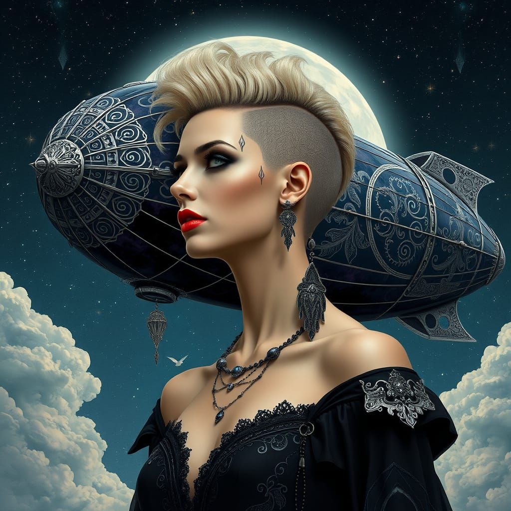 Gothic Woman and Obsidian Airship in Art Deco Style