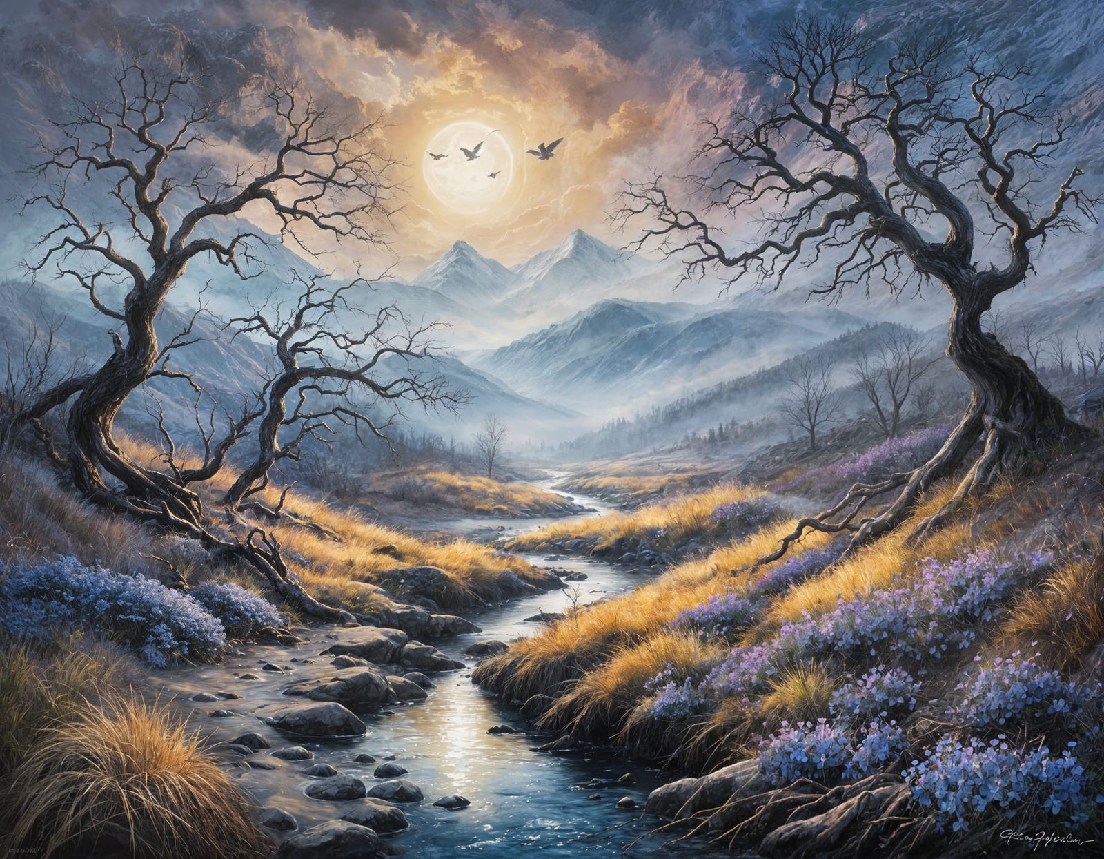 Mystical Blue and Purple Landscape Oil Painting