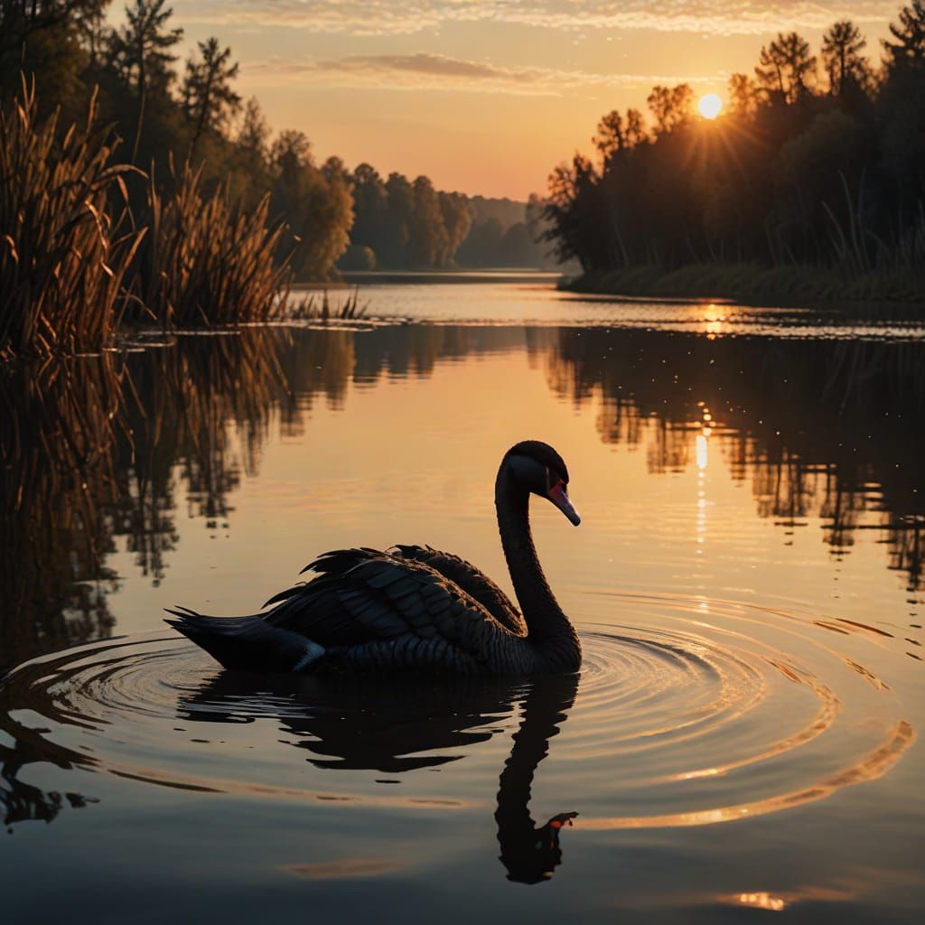 Black Swan on Lake in Oil Painting Style