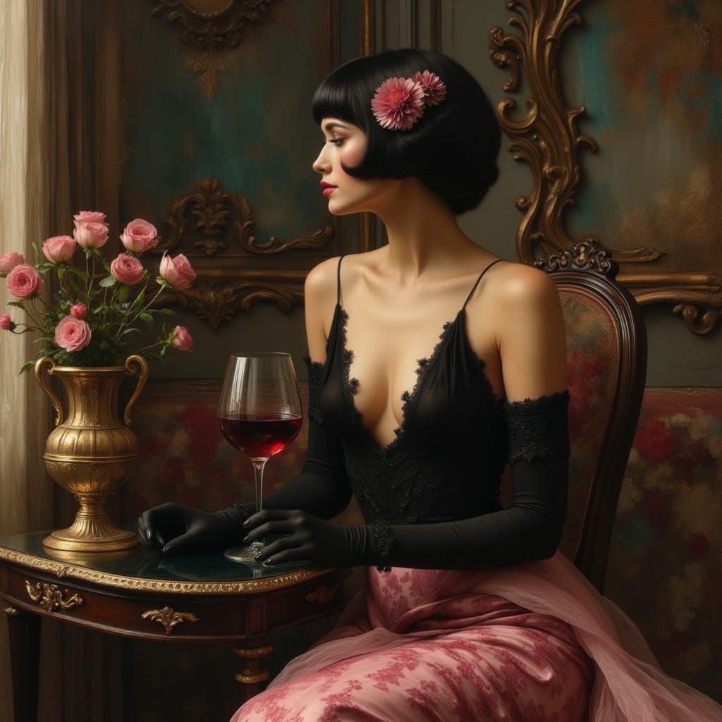 1920s Flapper Elegance: Woman in Black Dress on Vintage Sofa