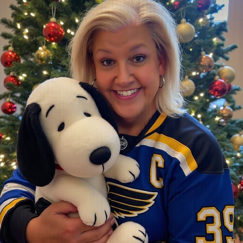 Tina in Festive St Louis Blues Jersey with Snoopy