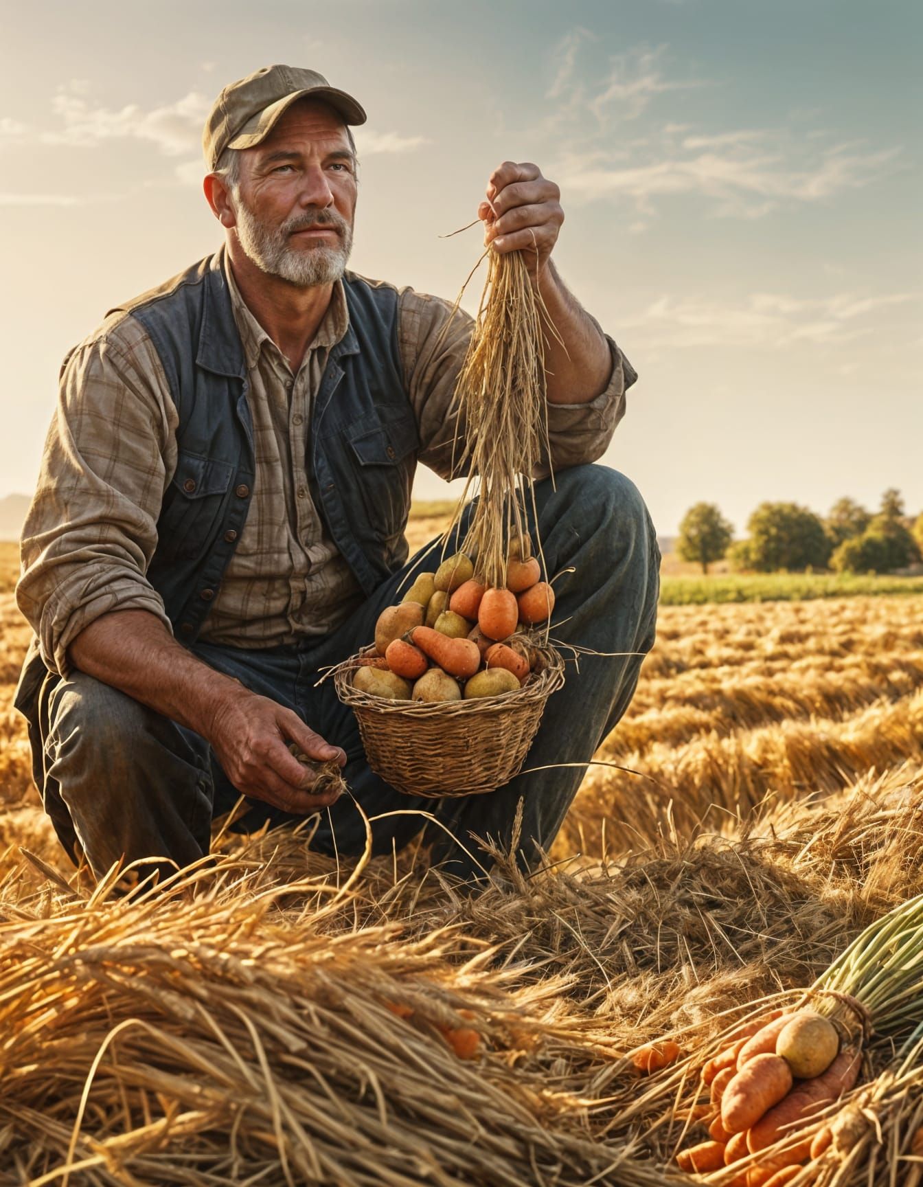 Concept art. Medium shot. A farmer holds a pear and carrot s...