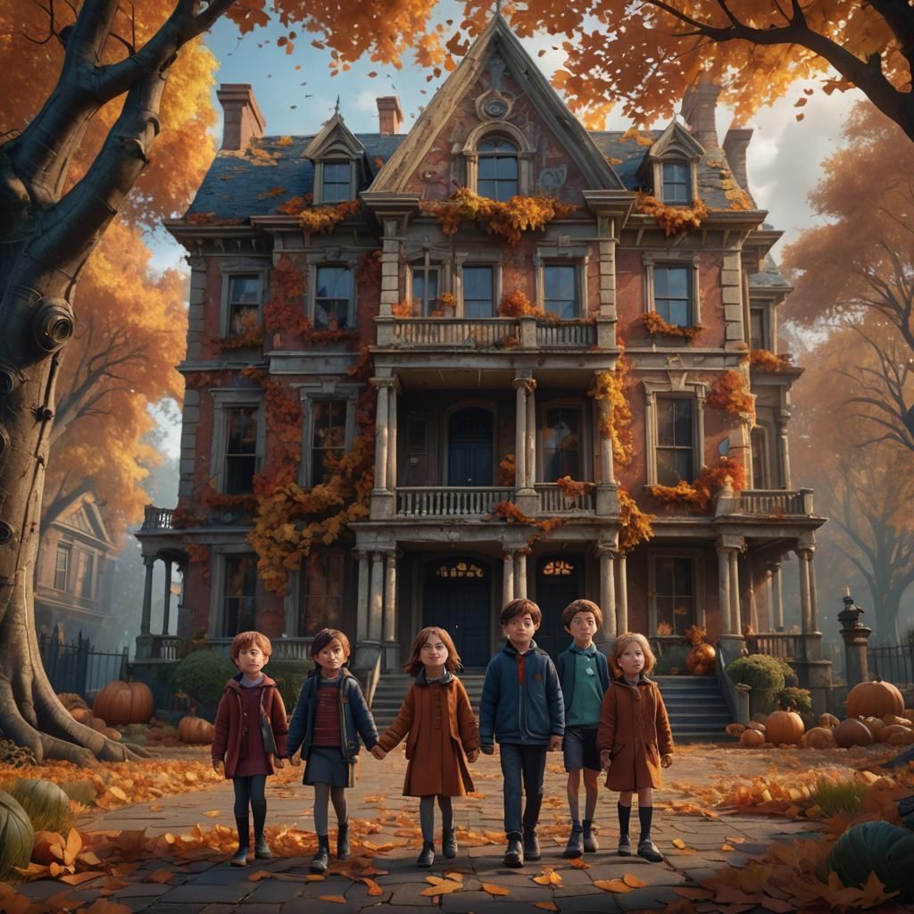 Children at Spooky Mansion in Pixar Style