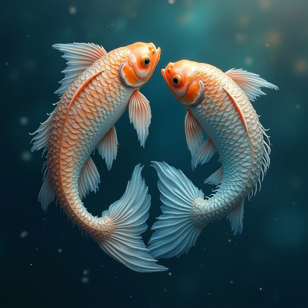 Iridescent Fish Form Yin-Yang Zodiac Symbol in Dreamy Compos...