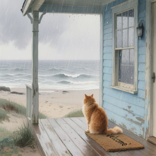 Ginger Cat Watches Rain on Beach Cottage Porch
