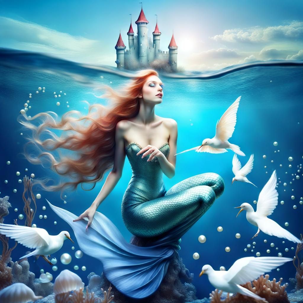 Mermaid Collecting Pearls in Enchanted Underwater Kingdom
