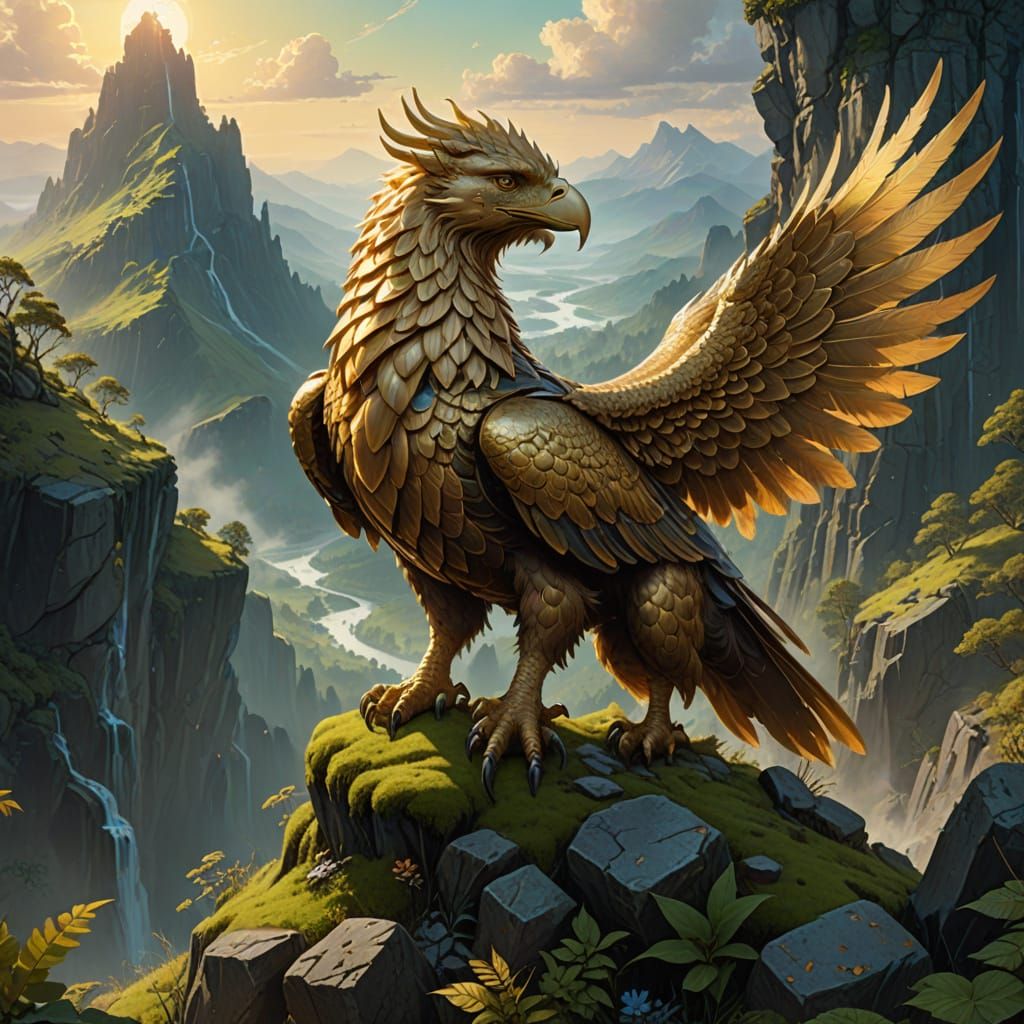 Golden Griffin Perched Atop Mountain Peak