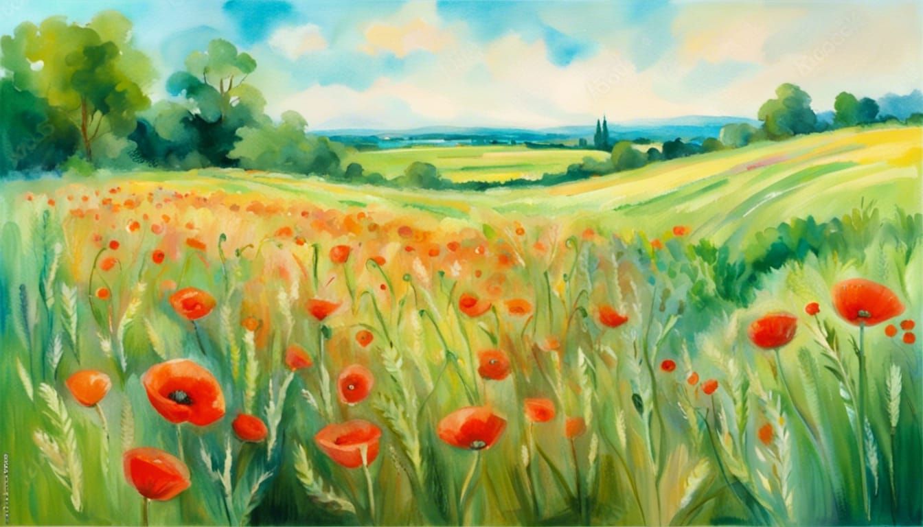 Poppies and Wheat Field in Gouache Style