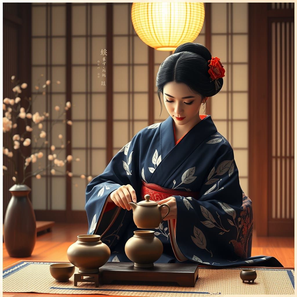 Elegant Geisha in Traditional Navy Kimono