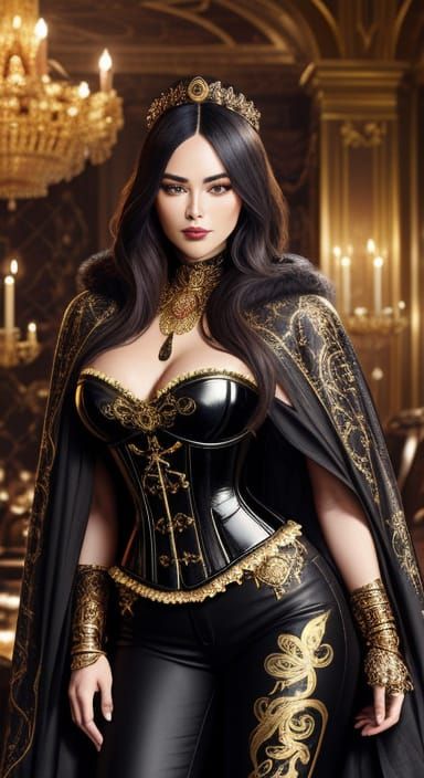 Elegant Gothic Noblewoman in Opulent Gold-Accented Chamber