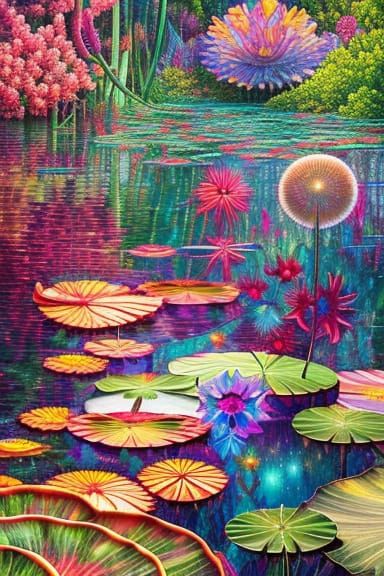 Crystalline Stained Glass Water Lily in Digital Art