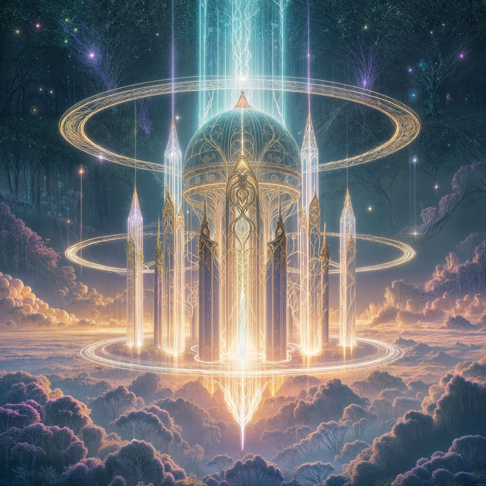 Bioluminescent Alien Forest Portal in Art Nouveau Style