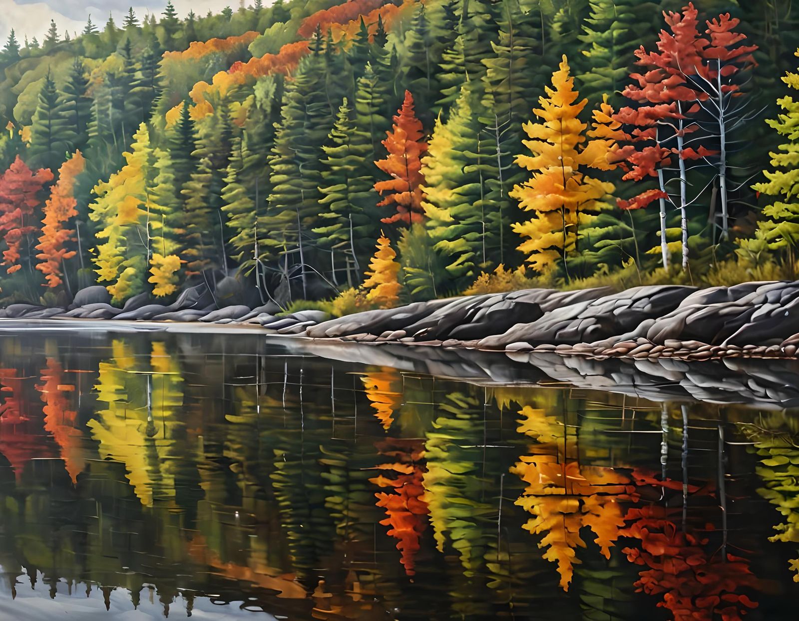 Autumn River Reflections as Oil Painting