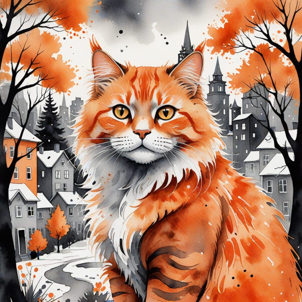 Whimsical Orange Cat in a Monochromatic World