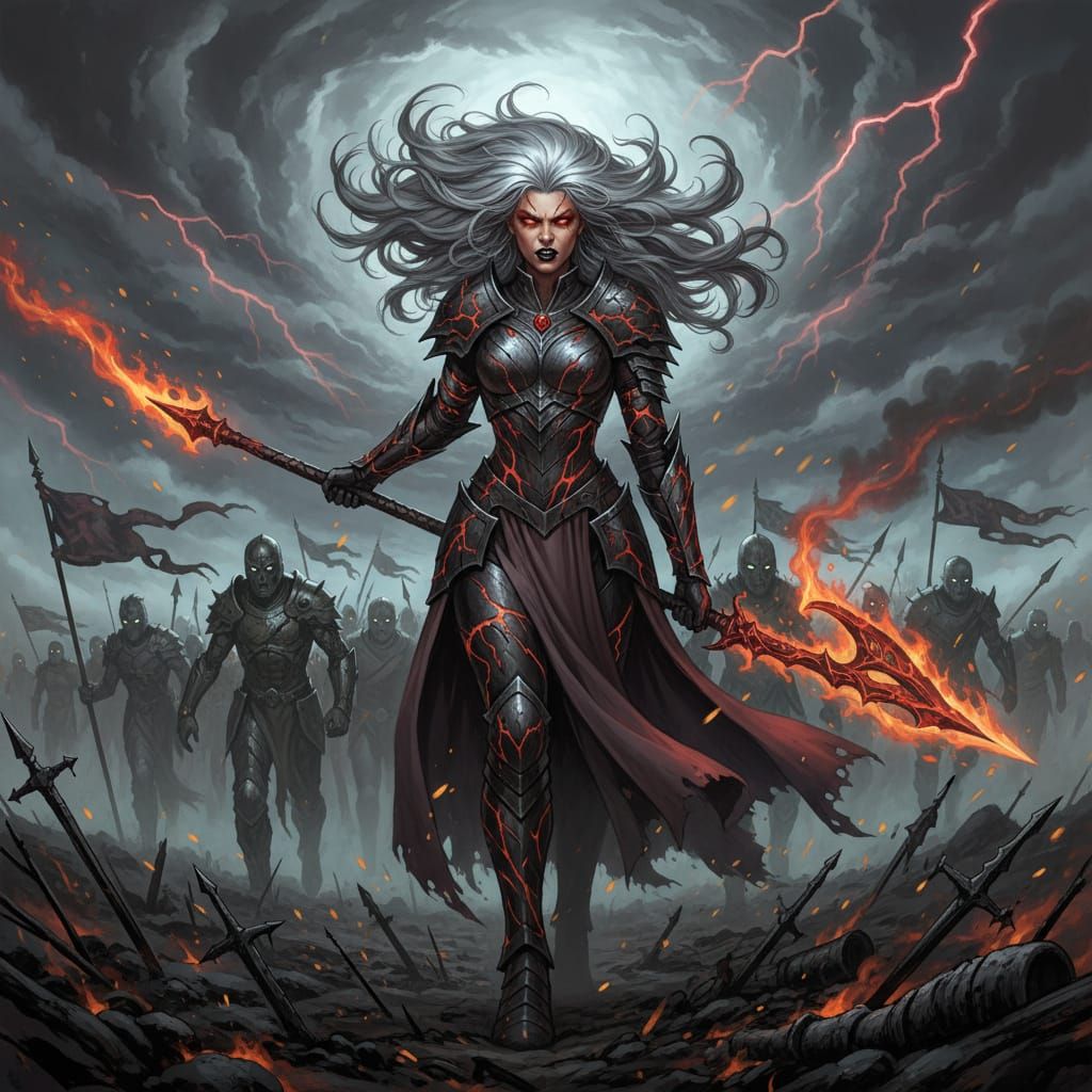 Dark Fantasy War Goddess in Fiery Obsidian Armor