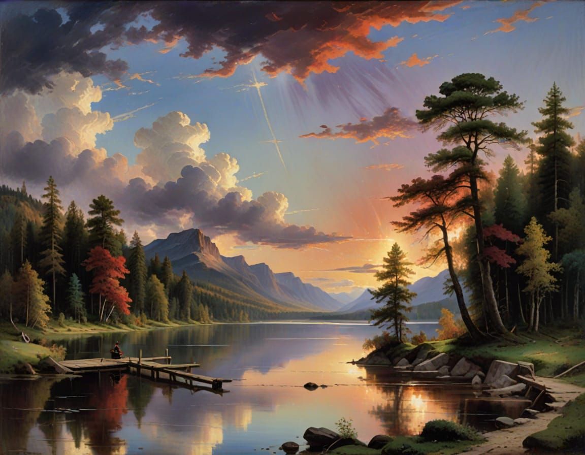 Idyllic Lakeside Scene in the Style of Thomas Moran