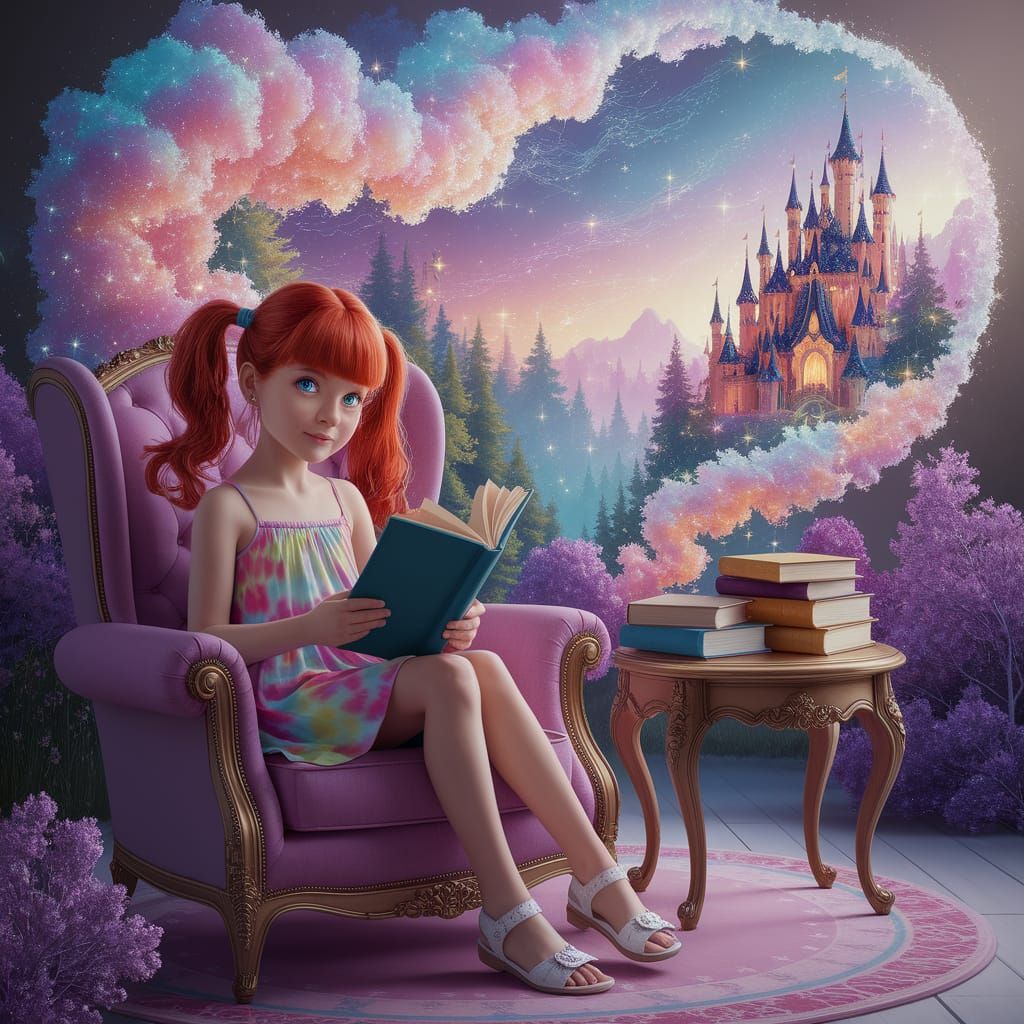 Girl Reading with Ethereal Fantasy Landscape