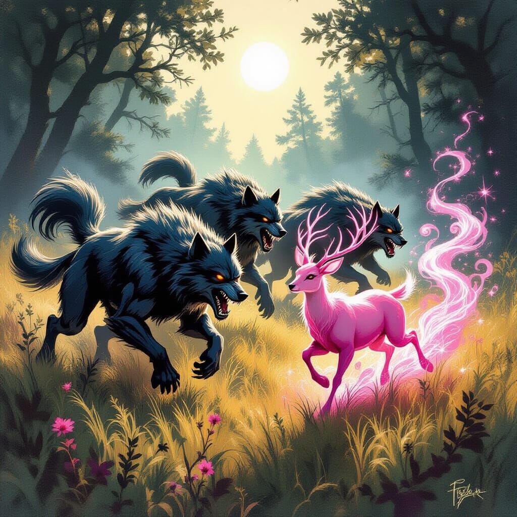 Werewolves Chase Stardust Deer in Graphic Novel Style