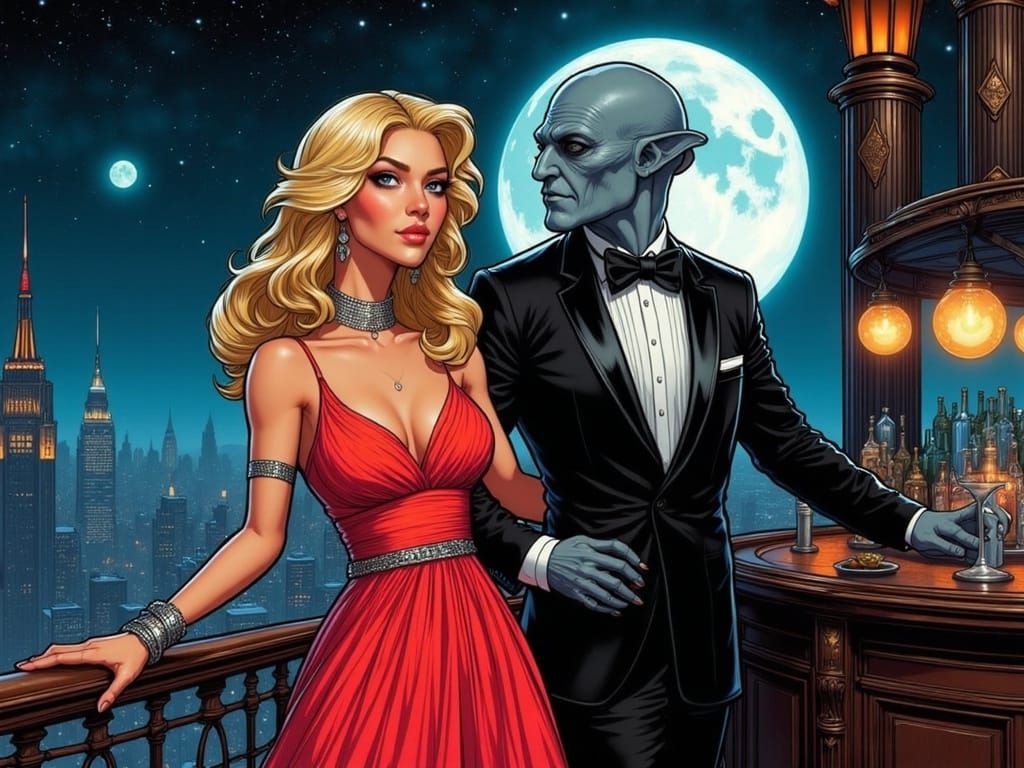 Art Deco Rooftop Party: Woman and Alien in Manhattan