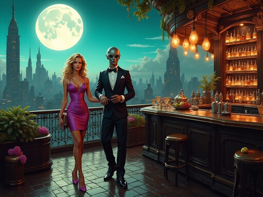 Woman and Alien at Rooftop Bar Under Full Moon