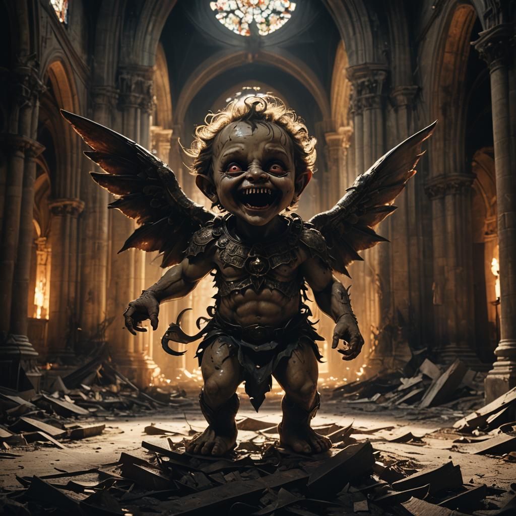 Demonic Cherub in Abandoned Cathedral: Dark Fantasy Art
