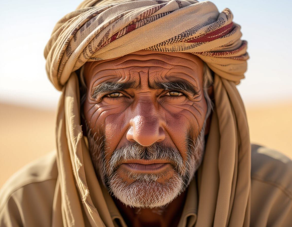 Weathered Bedouin Man Portrait: Desert Life Story
