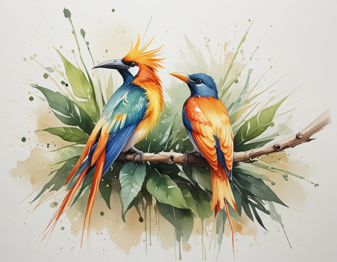 Colorful Birds of Paradise in Japanese Garden Watercolor