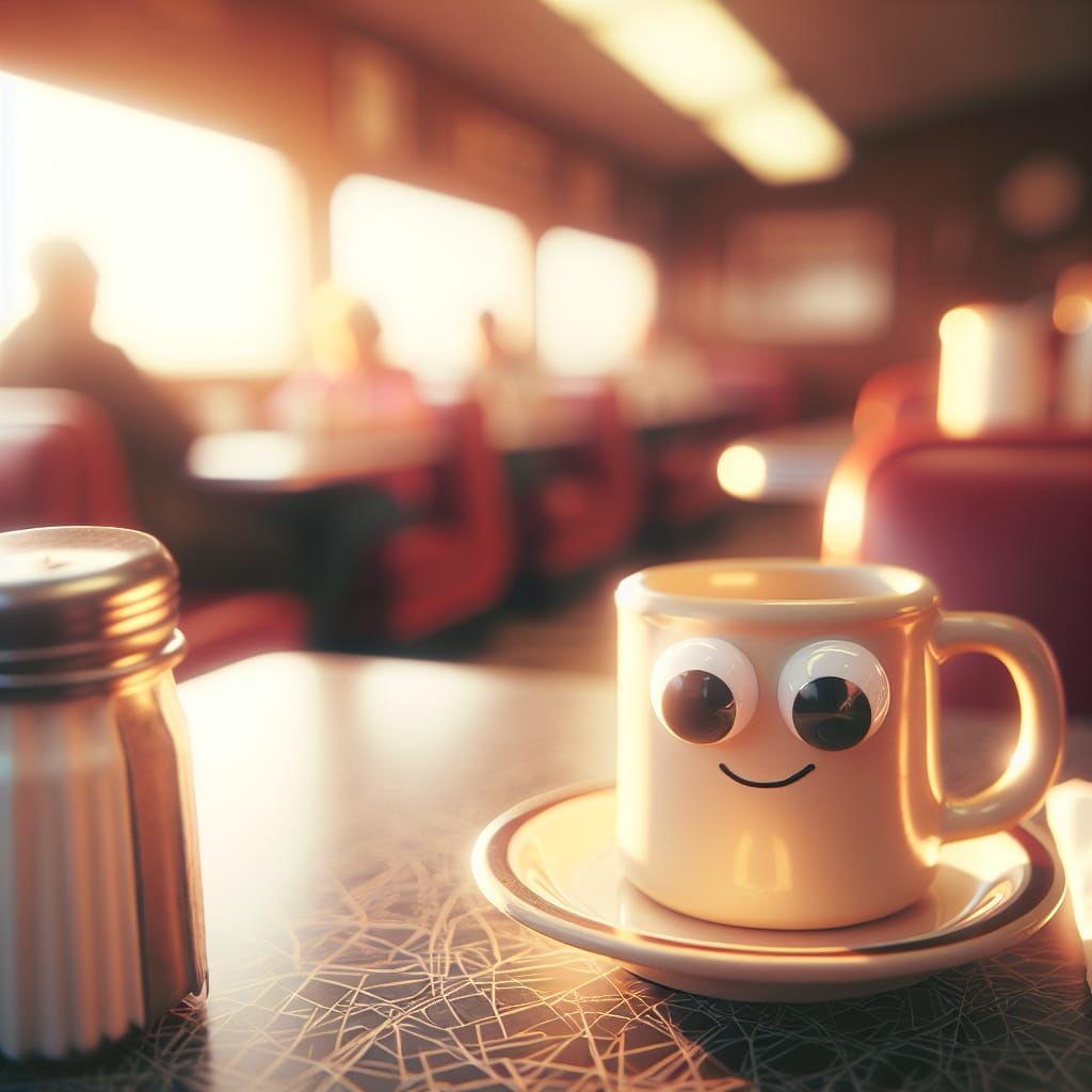 Nostalgic 1950s Diner Scene with Googly Eye Mug