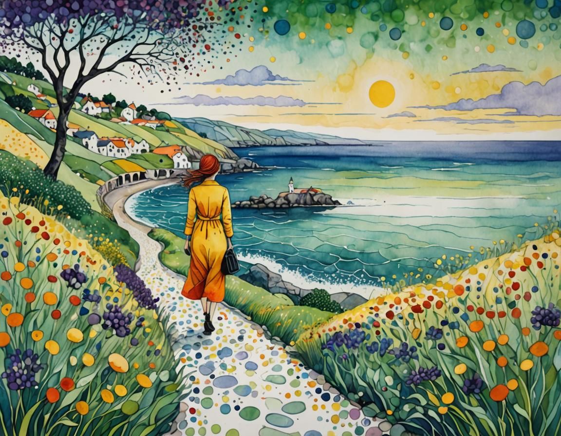 Seaside Stroll: Bubbly Watercolor Landscape