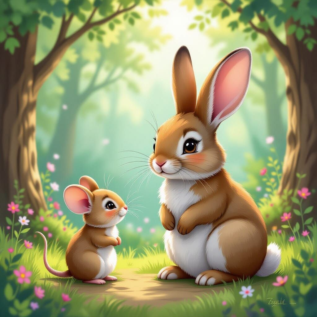 Mouse and Giant Rabbit in Whimsical Forest