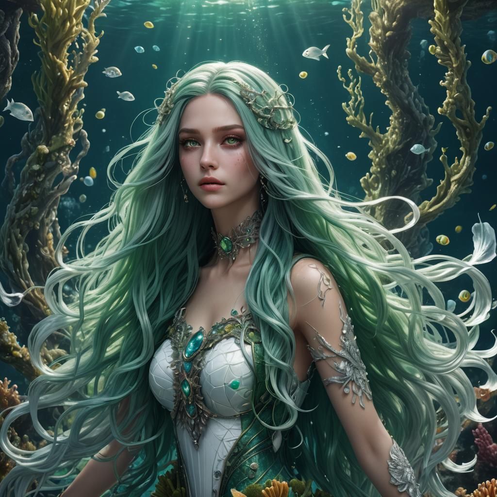 Hyperreal Woman with Green Hair Under the Sea