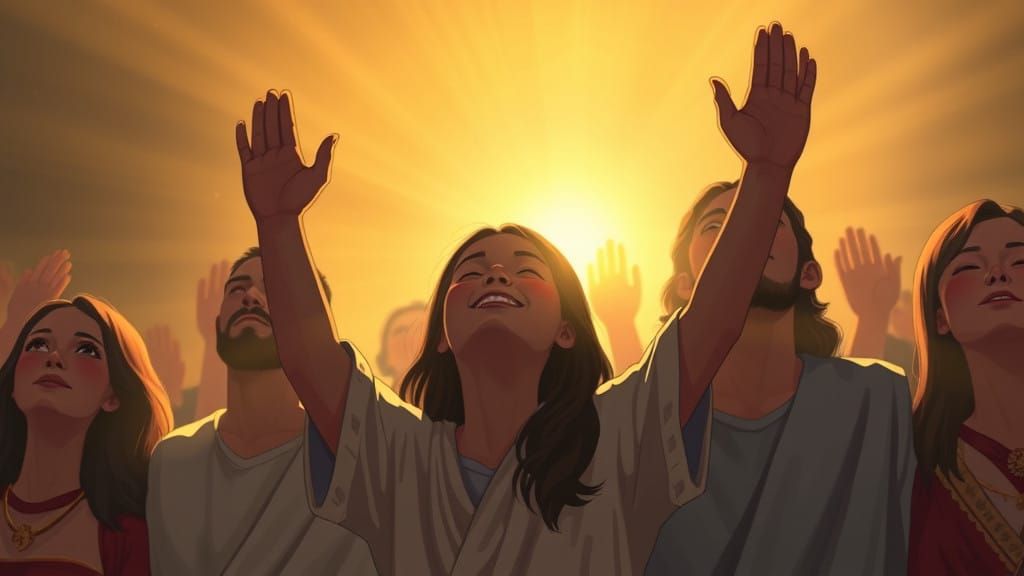 Serene Christians Surrounded by Golden Light in Whimsical Fo...