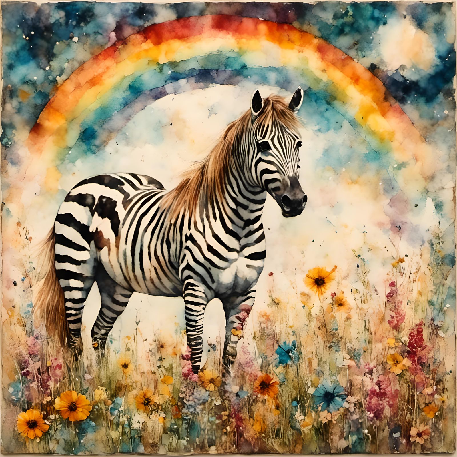 Rainbow Zebra in Wildflowers: Encaustic Collage Art