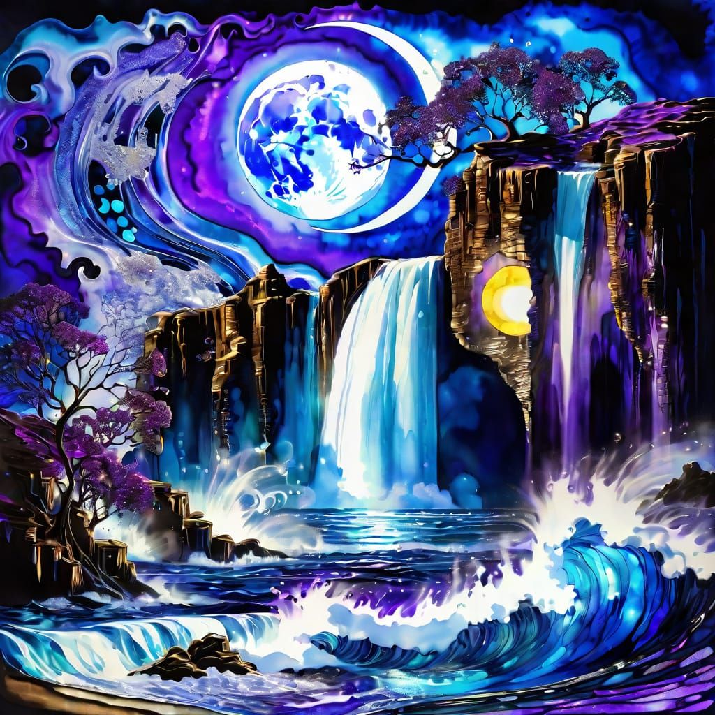 Moonlit Waterfall in Alcohol Ink Style