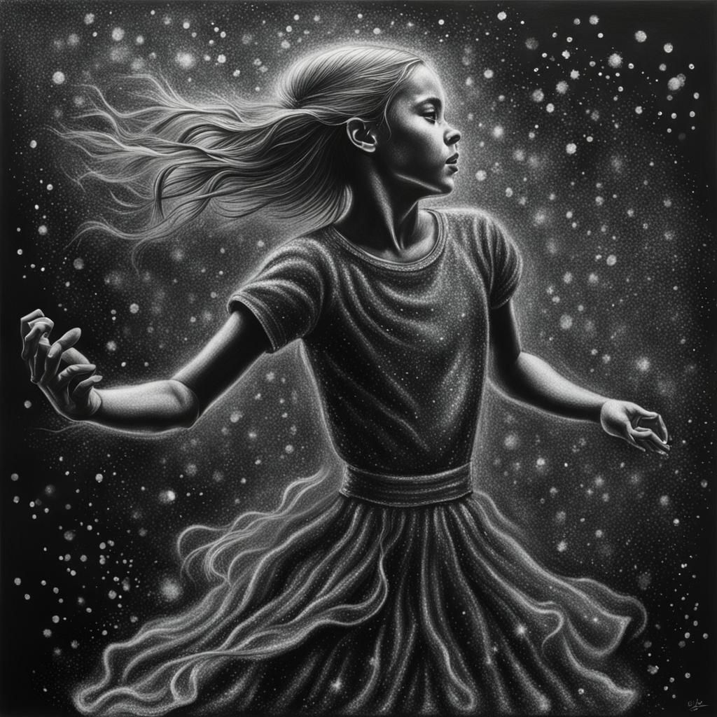 Glitter Girl Dancing: Hyperdetailed Charcoal Drawing