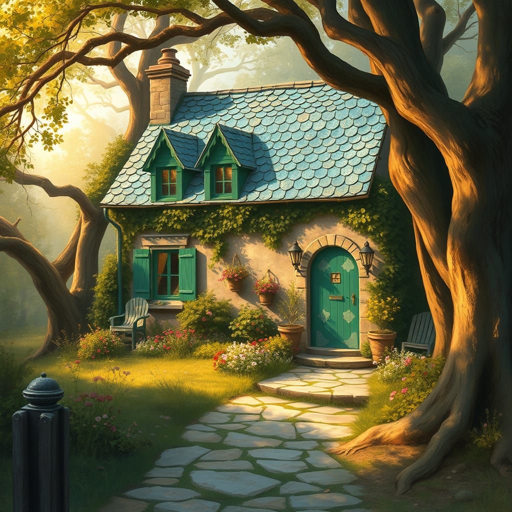 He cottage with a chameleon roof and green shutters, nestled among towering trees and vibrant foliage, on a winding ston...