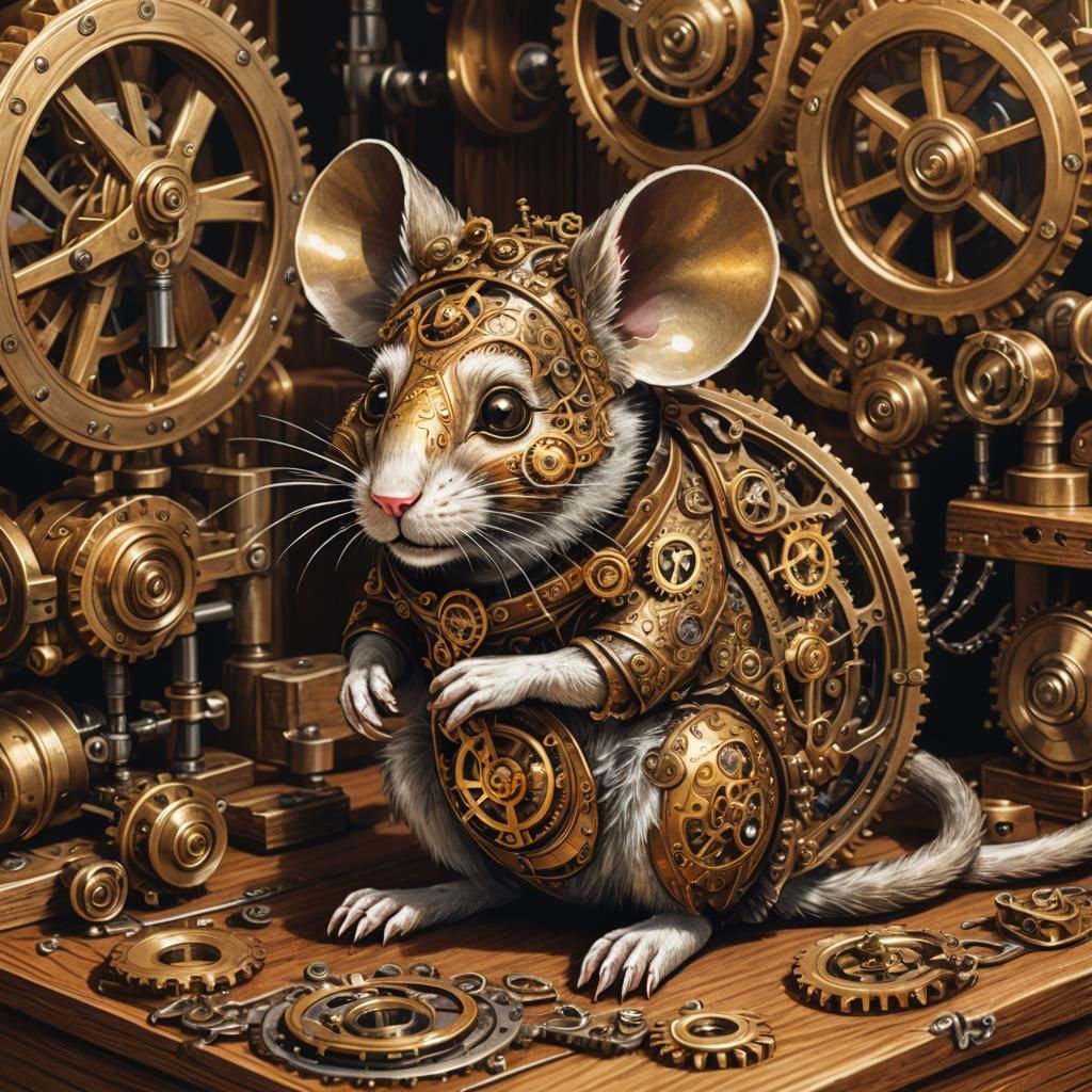 Steampunk Clockwork Mouse on Workbench Illustration